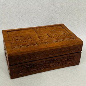 Hand Carved Wooden Box Islamic Minaret Design Hinged Cover Blue Lined